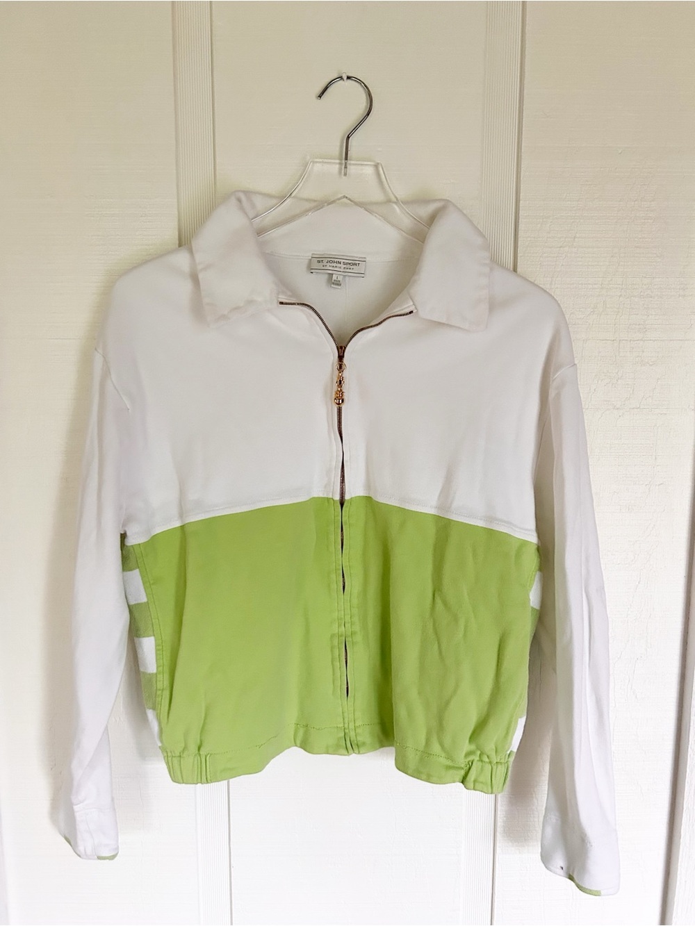 St John Sport Full Zip Cotton Jacket White Green Sz Large